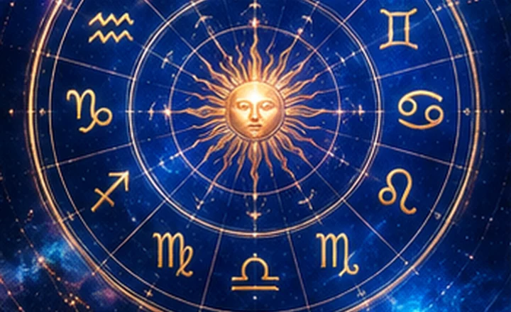 Golden zodiac wheel against a cosmic blue sky