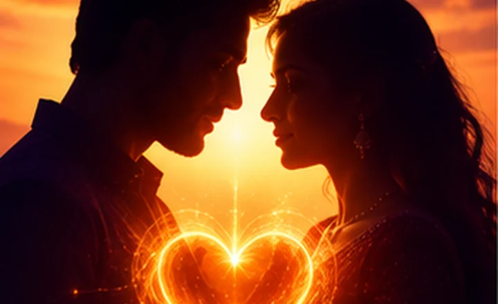 A couple with a glowing heart at twilight
