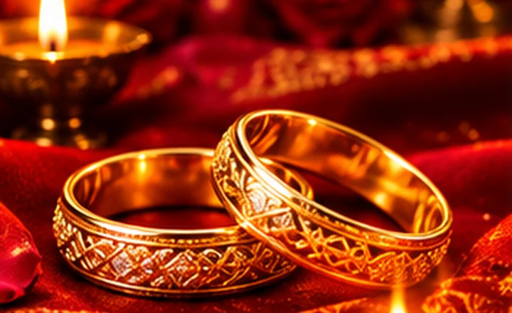 Traditional gold wedding rings on red silk