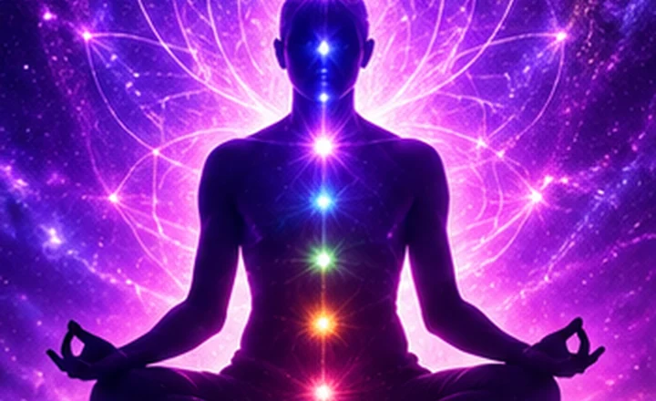 A meditating figure surrounded by violet light