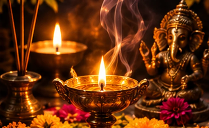 A warm candlelit traditional altar with flowers and incense